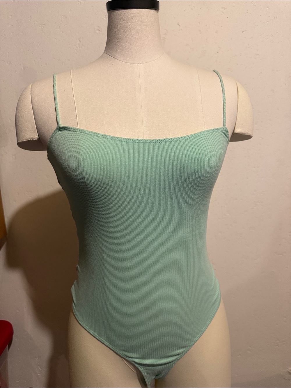 Twist Back Ribbed Mint Green Spaghetti Strap Bodysuit